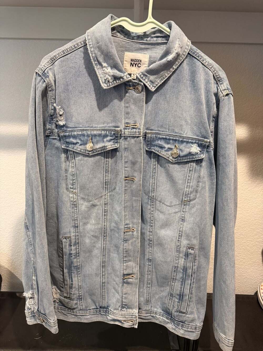 Madden NYC Denim Jacket Size L Light Wash Distressed NWT